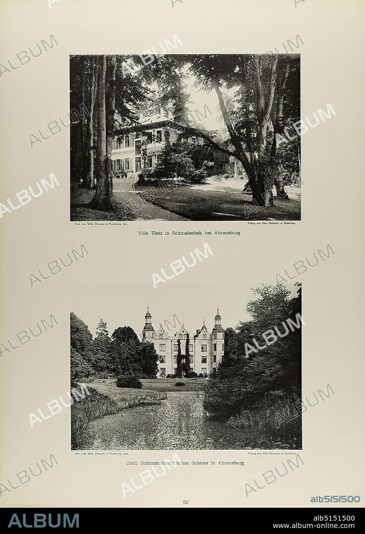 Wilhelm Dreesen, Otto Meissner, Villa Tietz in Schmalenbek near Ahrensburg and Count Schimmelmann's Castle in Ahrensburg from the portfolio New Pictures of the Free and Hanseatic City of Hamburg and its surroundings, State Picture Gallery Hamburg, Collection on the History of Photography, Paper, Collotype, Total: Height: 48,00 cm; Width: 35,00 cm, inscribed: recto u. Photographer, Publisher and title, travel photography, architectural photography, country house, villa, cottage, tower, castle, palace, gardens and parks, architecture, hist. building, locality, street, Ahrensburg.