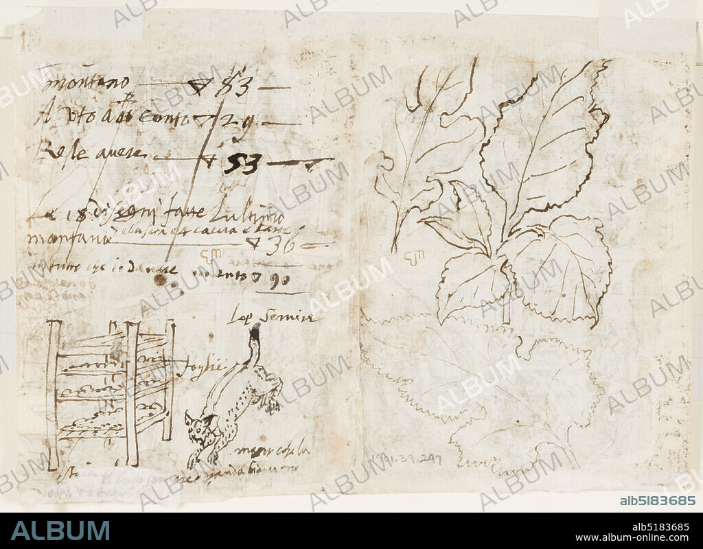 Recto: Four preliminary design for the 'Vermis Sericus' (Silk-making) print series. Above left: Winding silk. Below left: preparing mulberry leaves. Above right: arranging the leaves on shelves. Below right: feeding the mulberry leaves to the silkworms. Verso: Above left: inscription regarding payments for print designs for the Silkmaking and Hunt series. Below left: stacks of mulberry leaves on a rack, a jumping lynx. Verso right: three mulberry leaves., Jan van der Straet, called Stradanus, Flemish, 15231605, Pen and brown ink, brush and grey wash on two joined sheets of paper, Recto: Above left: winding silk by steaming silkworm cocoons and reeling the raw silk from the cocoons. Below left: Gathering the mulberry leaves outside. Above right: Spreading the leaves on trays. Lower right: Feeding mulberry leaves to the silkworms.Verso: inscription, a stack of trays, a leaping lynx. At right, detail studies of three mulberry leaves, on a large scale., Italy, ca. 1595, Drawing, Drawing.