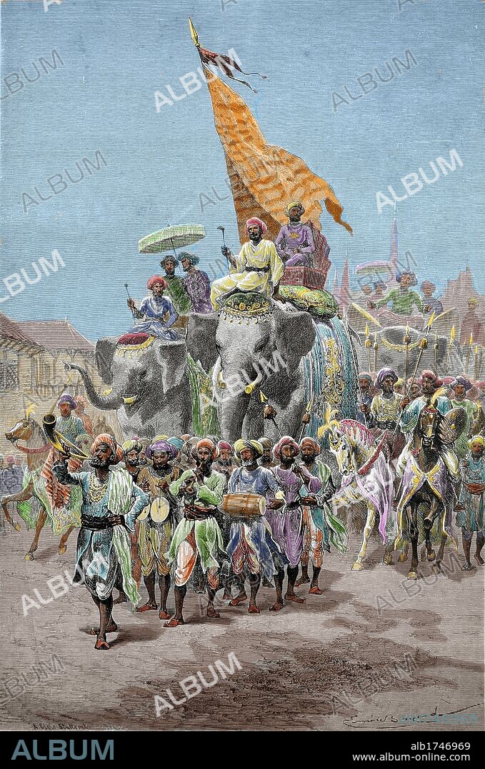 HISTORIA DE LA INDIA. SIGLO XIX. "Cortejo real en sowari, transportando al príncipe o Maharaja de Barode o Vadodara. Oeste de la India. Grabado coloreado. Año 1880.