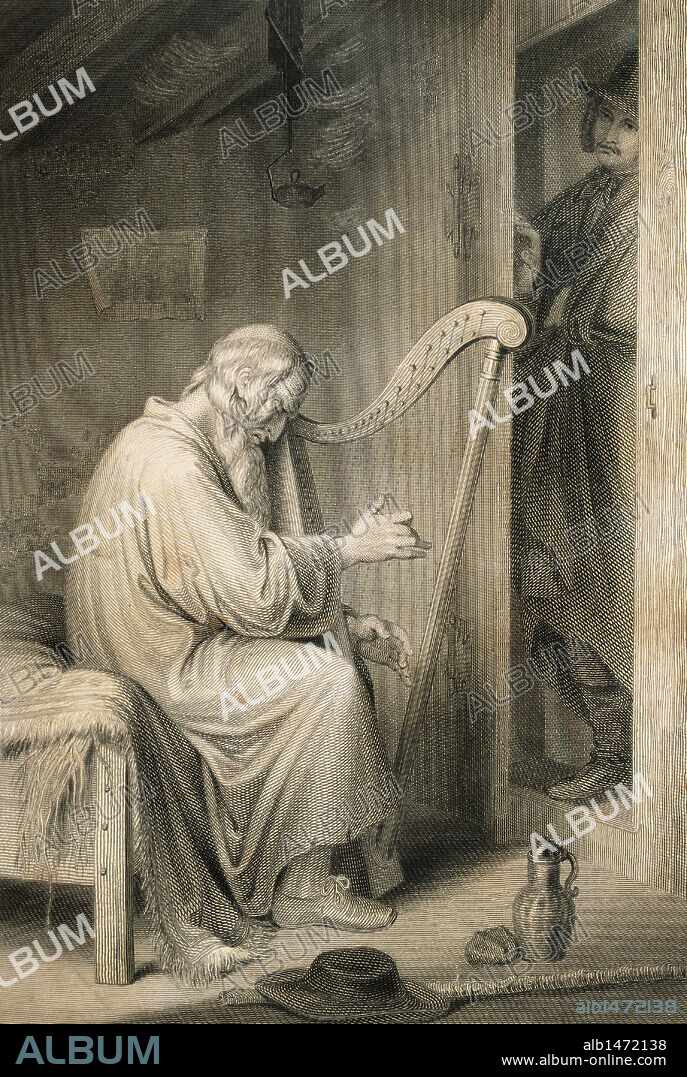 Literatura Alemana. Siglos XVIII-XIX. Johann Wolfgang von Goethe (1749-1832). Escritor alemán. "Los Años de Aprendizaje de Wilhelm Meister". Libro II. Capítulo XIII. ANCIANO TOCANDO EL ARPA. Edición impresa en 1837. Grabado.