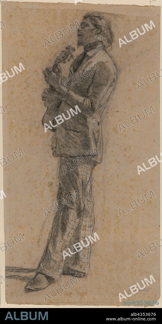 Singing Guitar Player, 1860, chalk, heightened with white, on light gray paper, sheet: 43.8 x 22.5 cm, U. r., dated and signed in pencil: 60, B. Vautier, Benjamin Vautier d. Ä., Morges/Waadt 1829–1898 Düsseldorf.