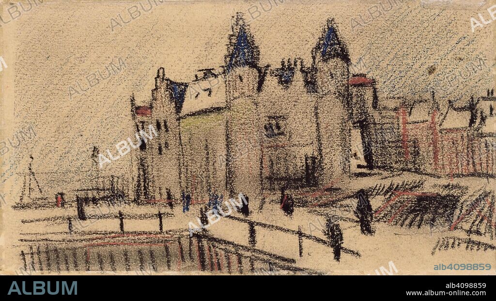 VINCENT VAN GOGH. View of Het Steen. Date: December 1885, Antwerp. Dimensions: 9.2 cm x 16.6 cm.
