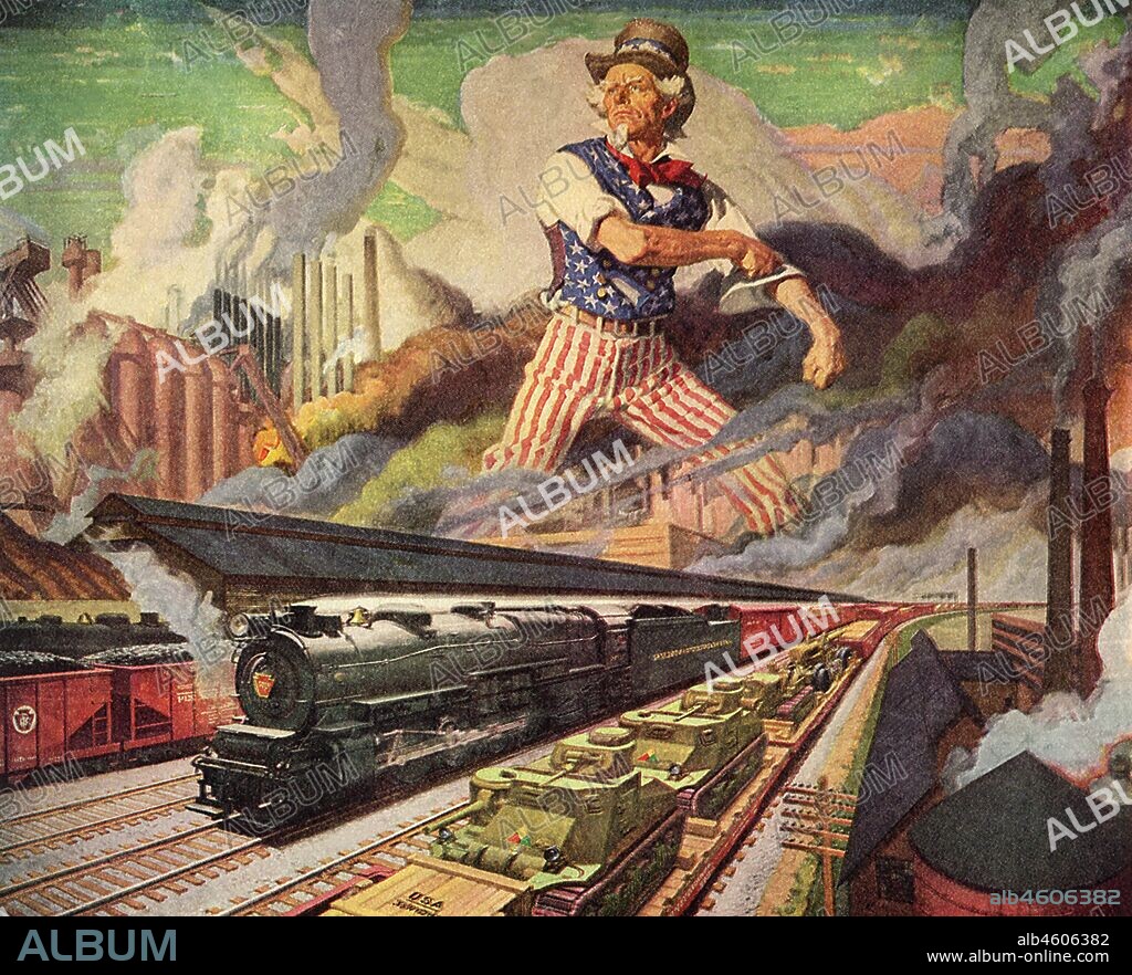 Uncle Sam standing over Railroad, Tanks, and Factories.
